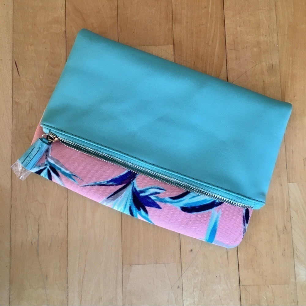 Rachel Pally Tropical, Floral Foldover Zippered Clutch, Orange Peach, Teal Green